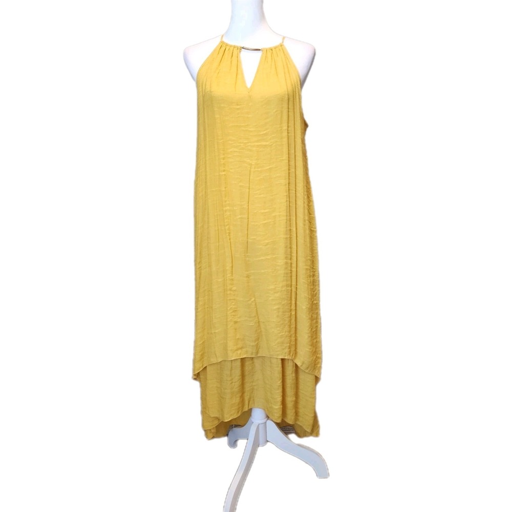 Mlle Gabrielle Dress Womens‎ Large Yellow Sleeveless Tiered High Low Halter NEW